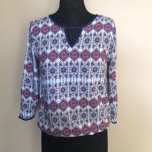 Reserved navy with pattern blouse, open back